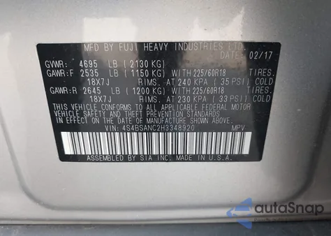 2017 Subaru Outback 2.5I Limited z USA, uszkodzony, nr VIN 4S4BSANC2H3348920